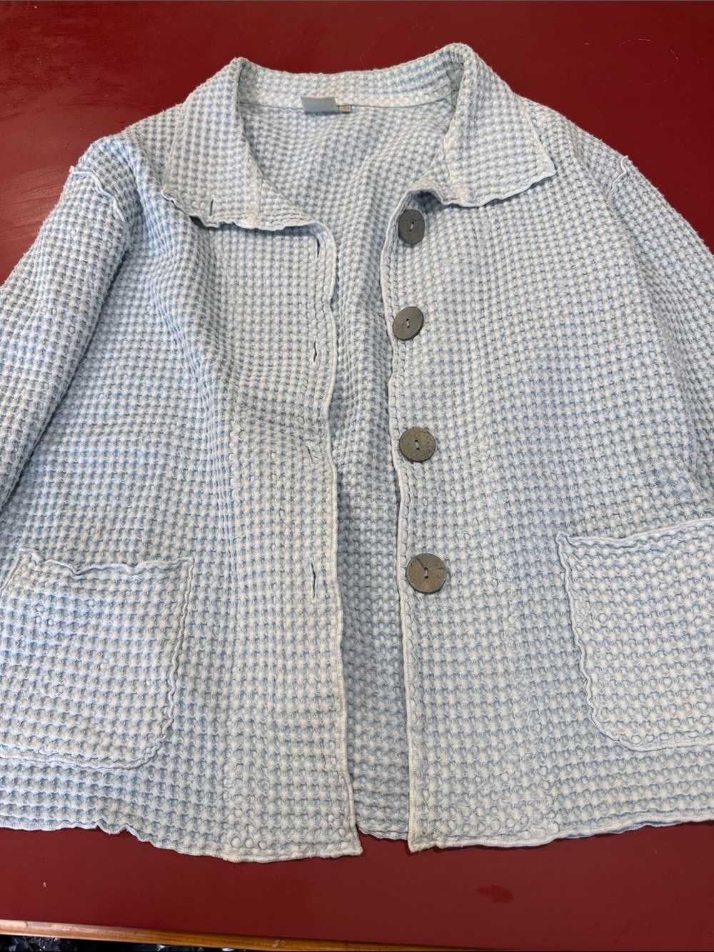 Light Blue Waffle Knit Button Front Jacket